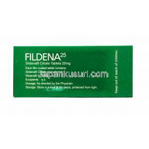 バイアグラジェネリック, シルデナフィル, フィルデナ 25mg 100錠,箱側面,成分,服用量,